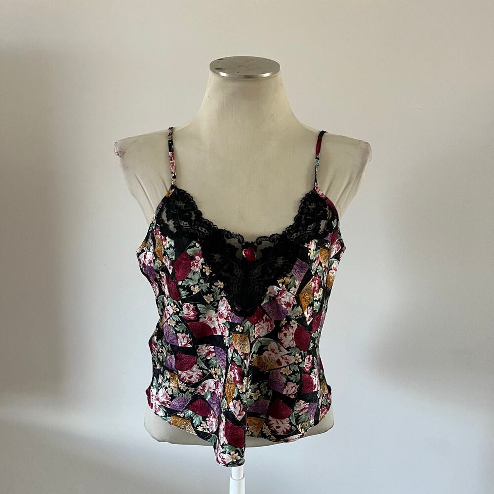 Vtg Y2K 2000s Dark Floral Lace Trim Cami Tank Top Wmns M Whimsigoth Fairy